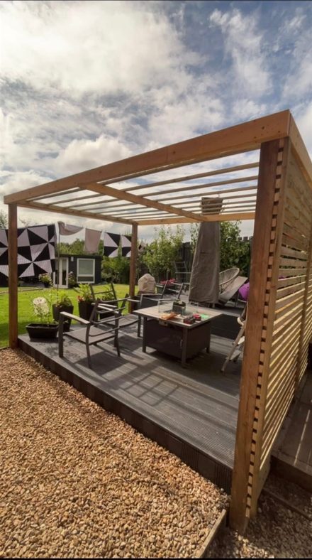Timber garden decking with pergola roof and slatted privacy screening, joinery by Impact Joinery, Cumbernauld and Glasgow